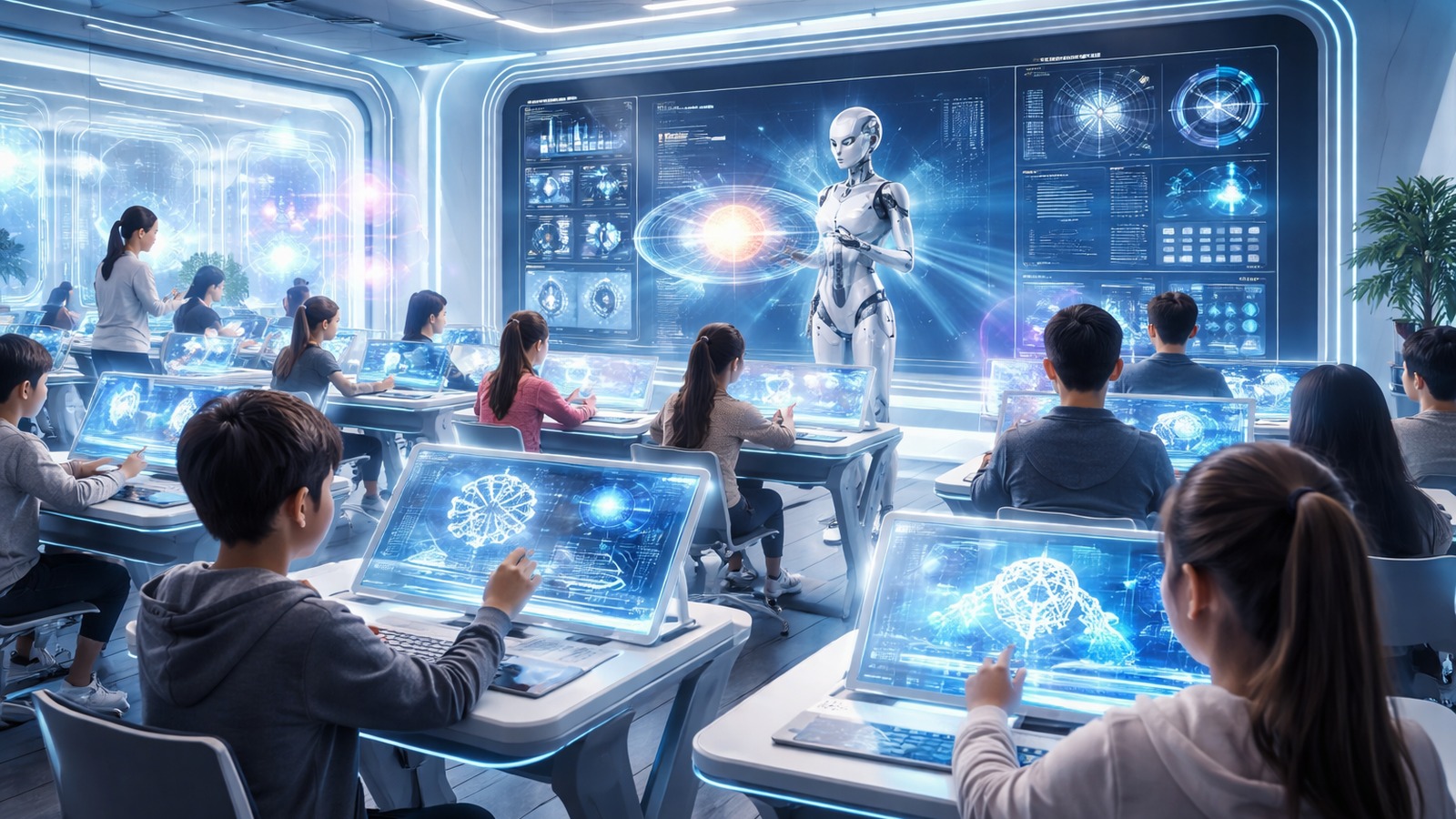 Students in a futuristic classroom using AI-powered study dashboards while a robotic instructor presents a digital lesson