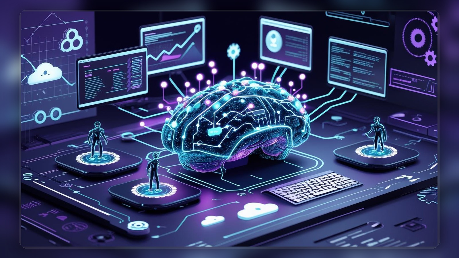 Futuristic visualization of a connected AI brain coordinating multiple autonomous digital agents