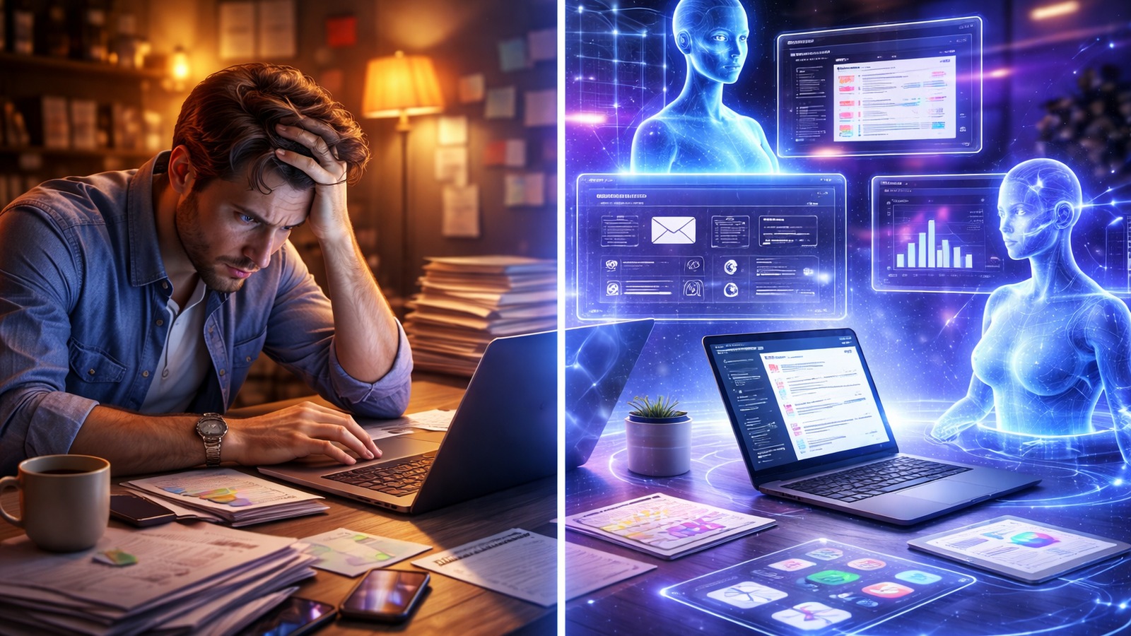 Split-screen scene showing an overwhelmed freelancer on one side and AI agents managing dashboards and workflow tasks on the other