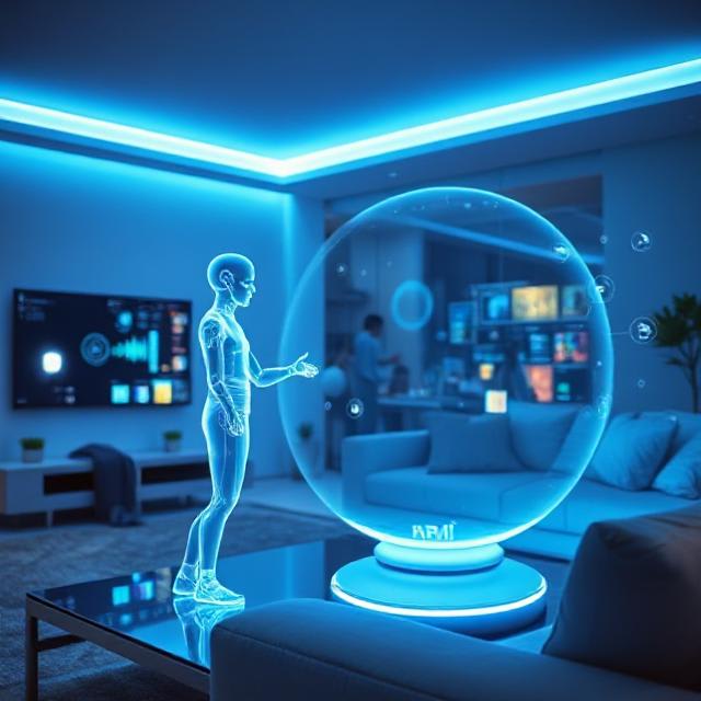 Ambient holographic assistant in a connected room suggesting a future of wearable and home-linked AI