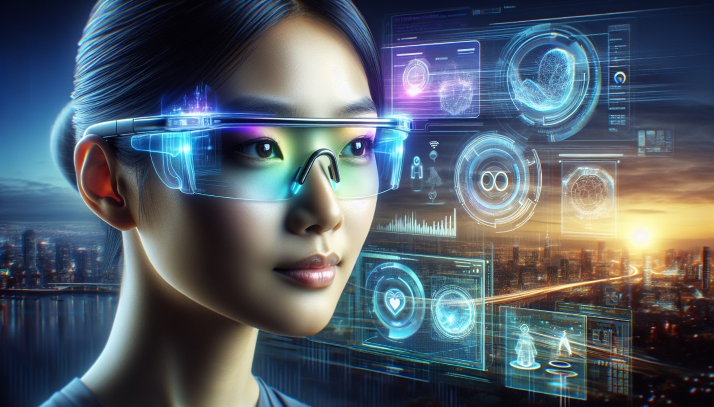 Person wearing futuristic AI smart glasses with multiple data overlays