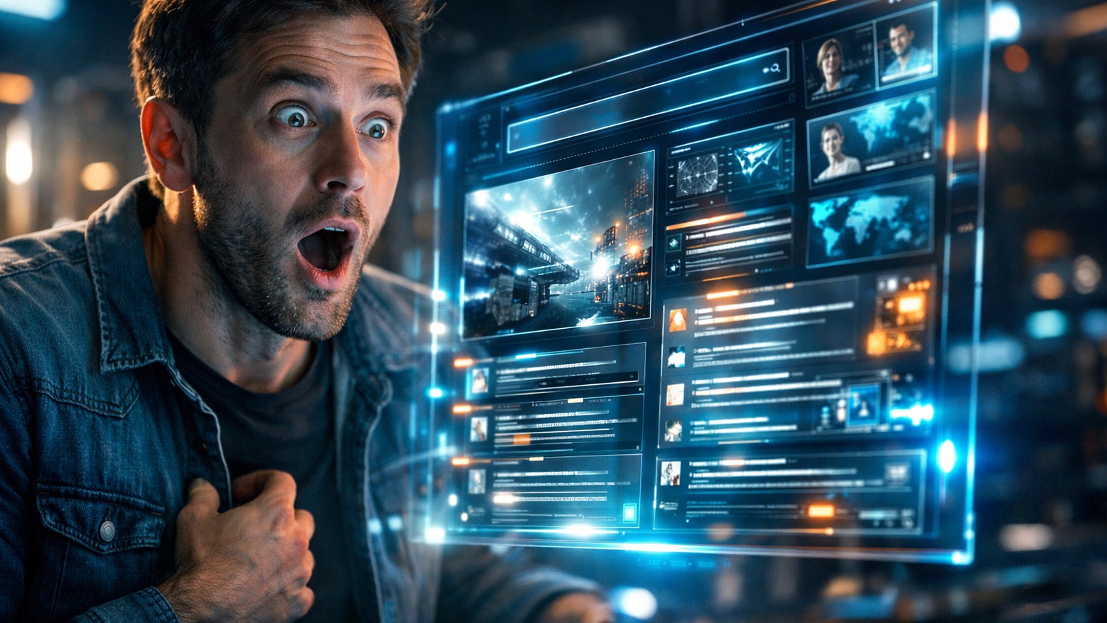 Surprised website owner looking at a futuristic AI search dashboard and answer engine interface