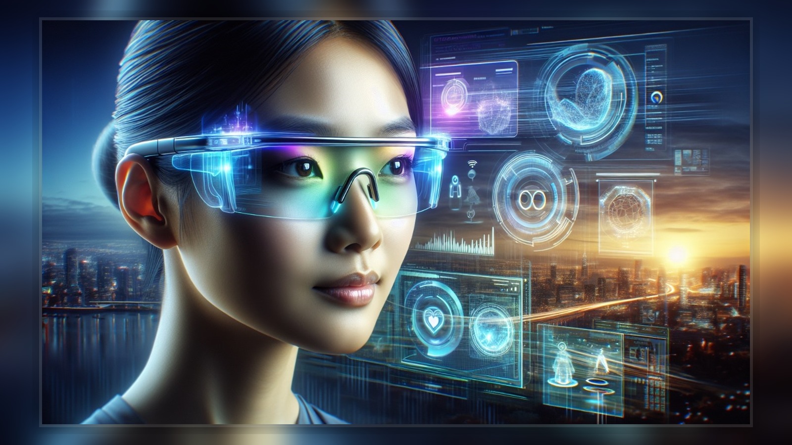 Futuristic smart glasses interface overlay showing AI assistance across a city skyline