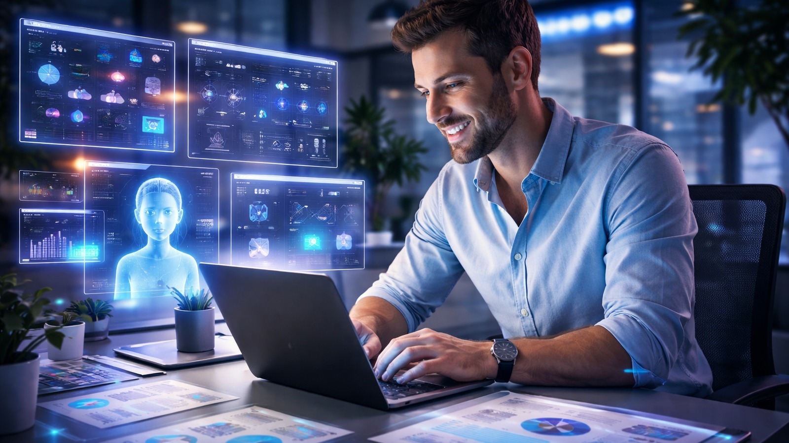 Small business owner smiling at a laptop while AI dashboards and assistant panels float around the workspace