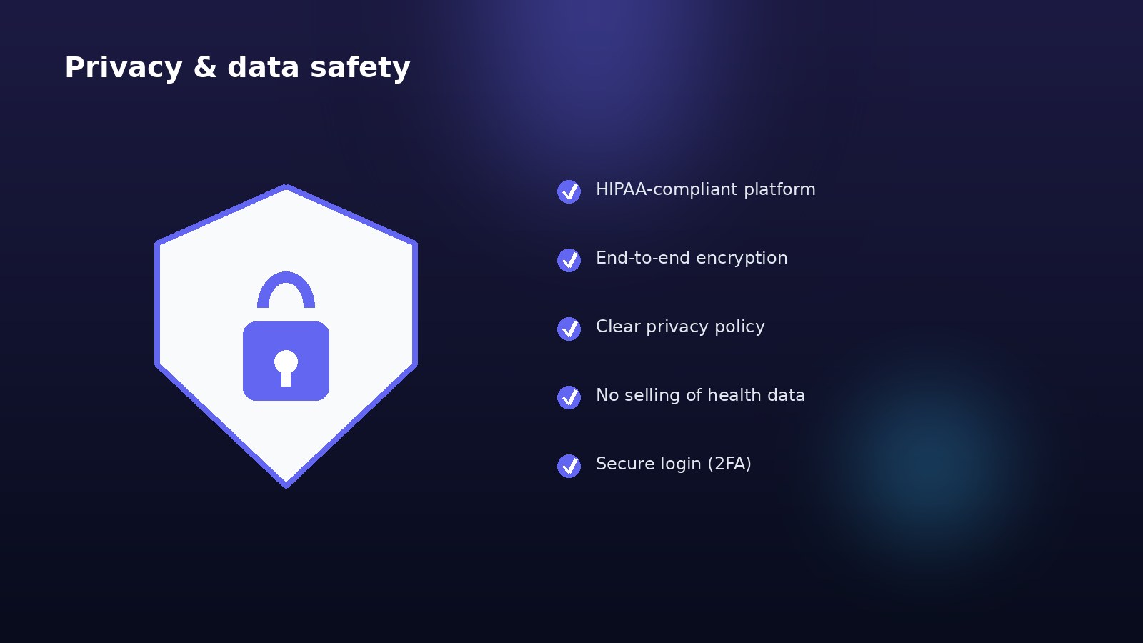 Privacy and data safety checklist with a shield and lock icon for choosing a secure telemedicine app