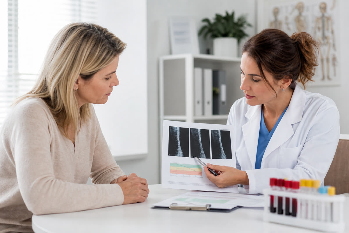 Doctor reviewing a bone density scan and blood test results with a female patient in a clinic