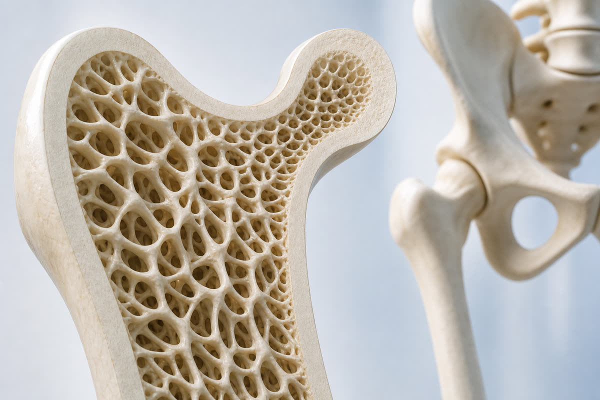 Medical illustration of healthy human bone structure showing bone density supported by calcium