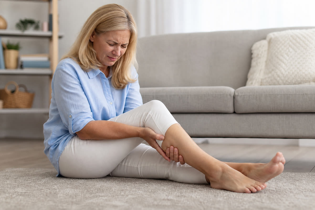 Woman holding her calf with a leg muscle cramp linked to low calcium and electrolyte imbalance
