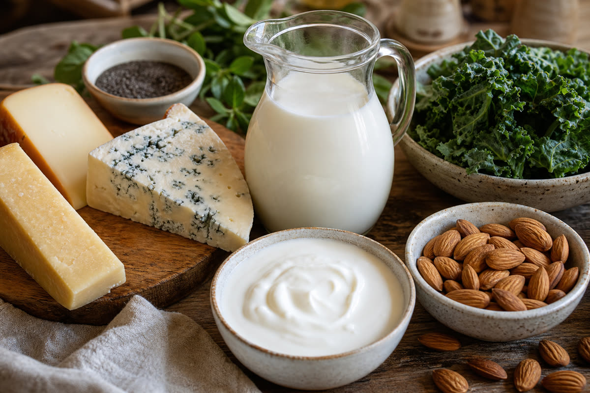 Assortment of calcium-rich foods including milk cheese yogurt almonds and leafy greens on a rustic table