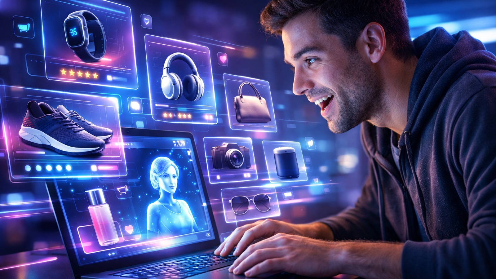 Shopper exploring product cards and recommendations around a glowing AI assistant interface on a laptop