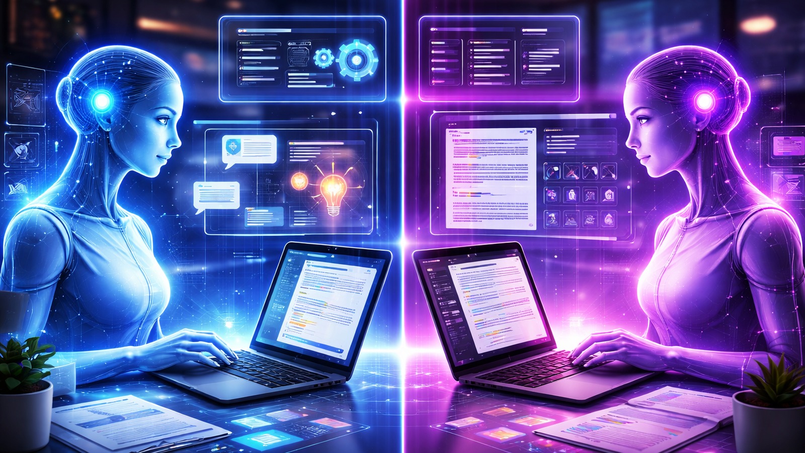 Two futuristic AI assistants working side by side on content dashboards and laptops in a glowing split-screen setup