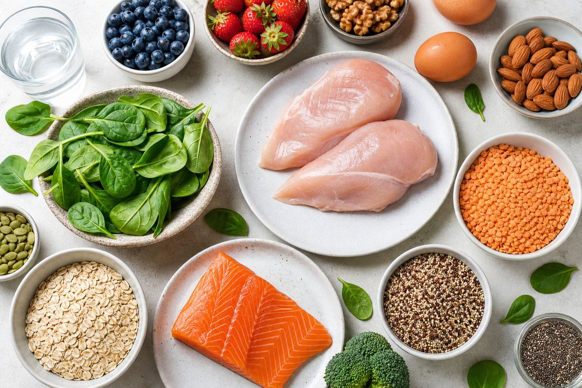 Energy-supporting whole foods including lean protein eggs spinach lentils nuts berries and whole grains