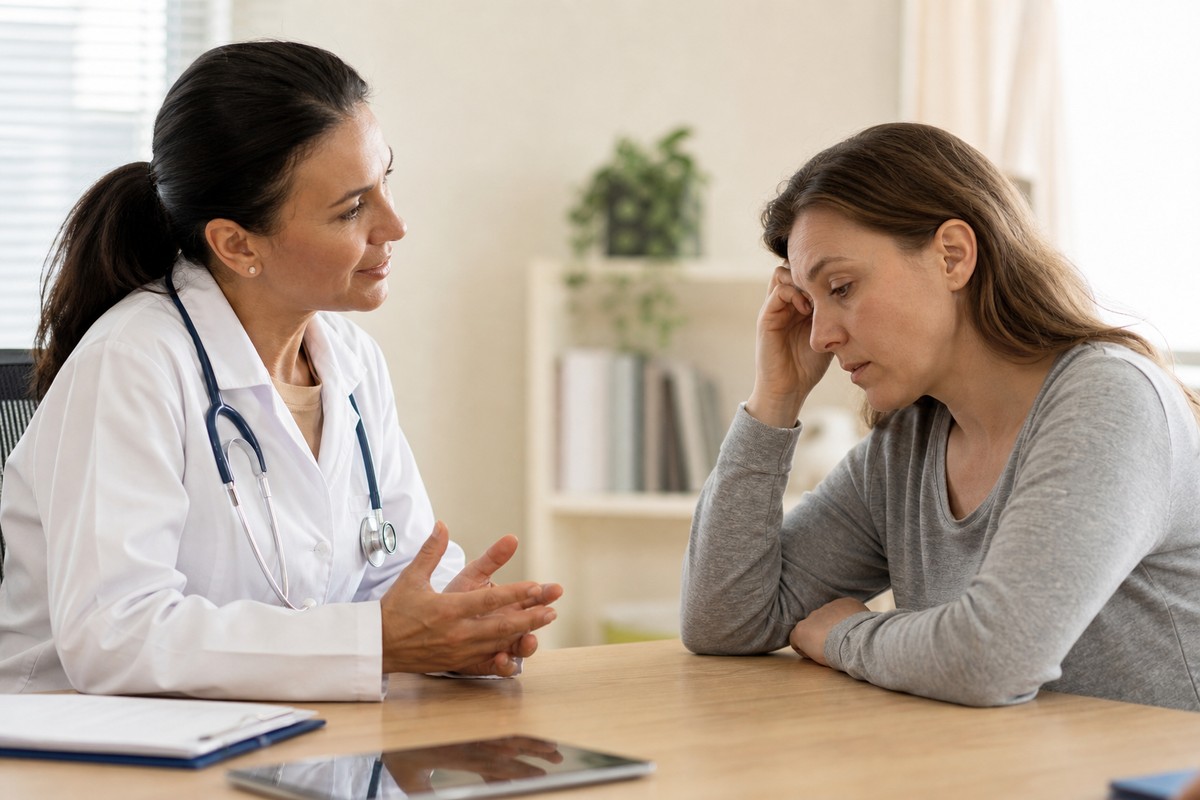 Doctor talking with a fatigued female patient during a reassuring clinic consultation