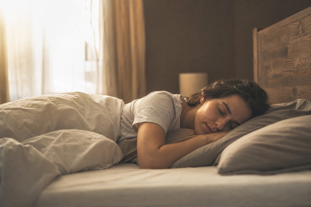 Person sleeping peacefully in a calm dim bedroom representing restorative sleep