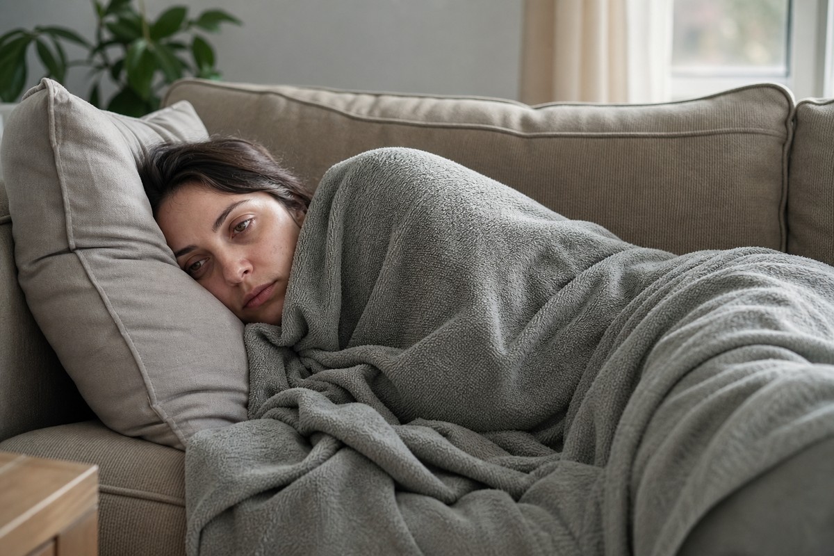 Tired person resting on a couch under a blanket during the day still feeling unrefreshed