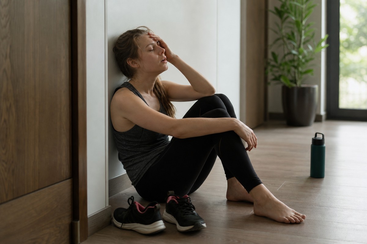 Person sitting on the floor looking drained after light exercise representing an energy crash