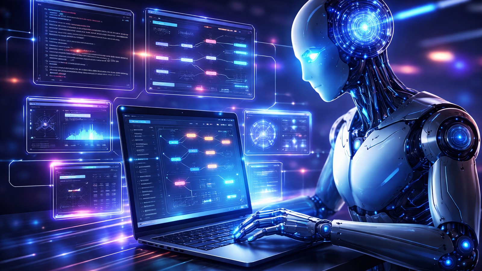Futuristic humanoid robot using a laptop with glowing code panels and agent workflow dashboards