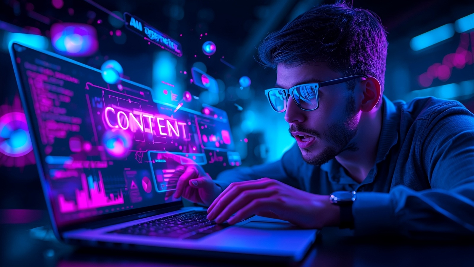 Tech-focused cover image showing a surprised creator studying futuristic AI content dashboards