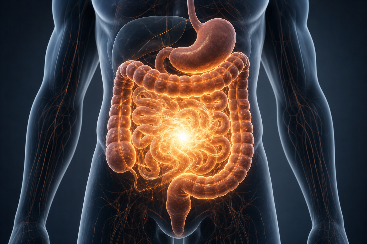 Glowing 3D medical illustration of the human digestive system