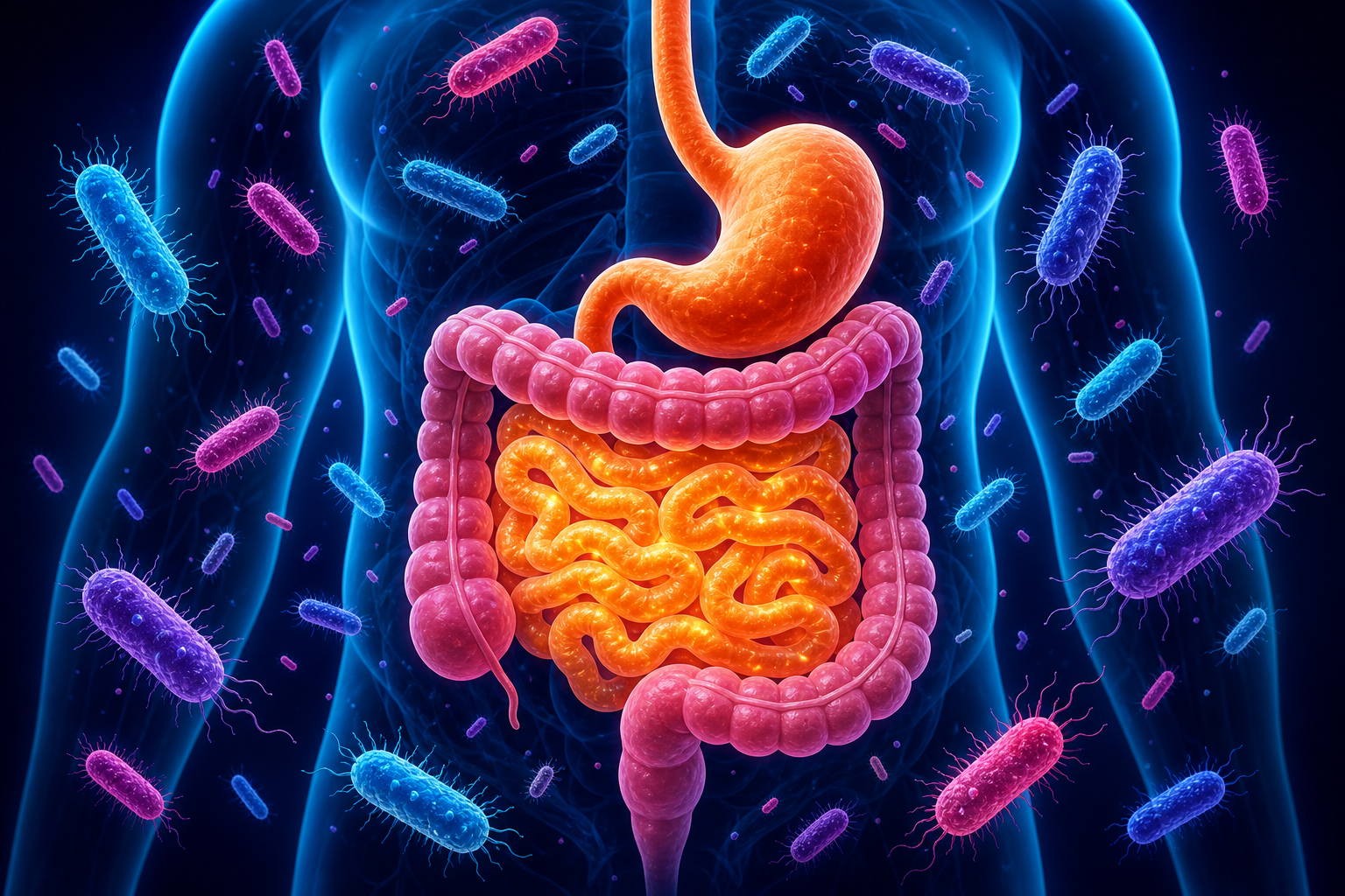 3D illustration of intestines surrounded by colorful gut microbiota bacteria
