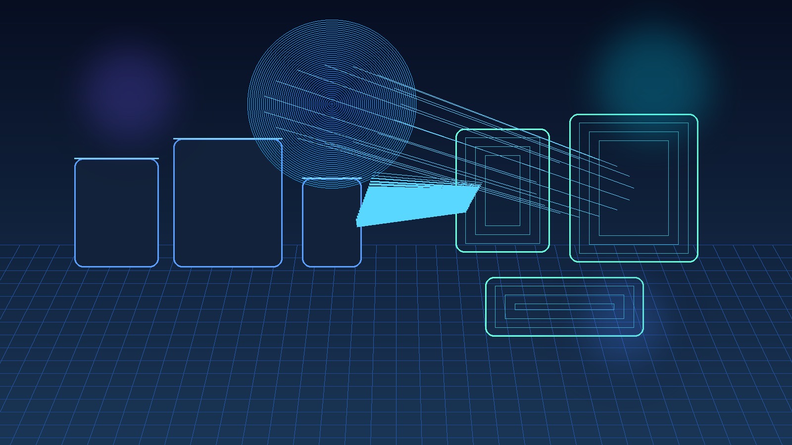 Futuristic digital twin visualization showing physical systems mirrored by glowing virtual models