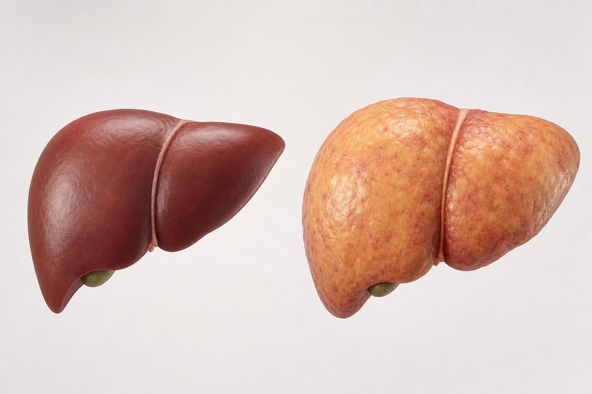 Medical illustration comparing a healthy reddish-brown liver with a pale yellow swollen fatty liver