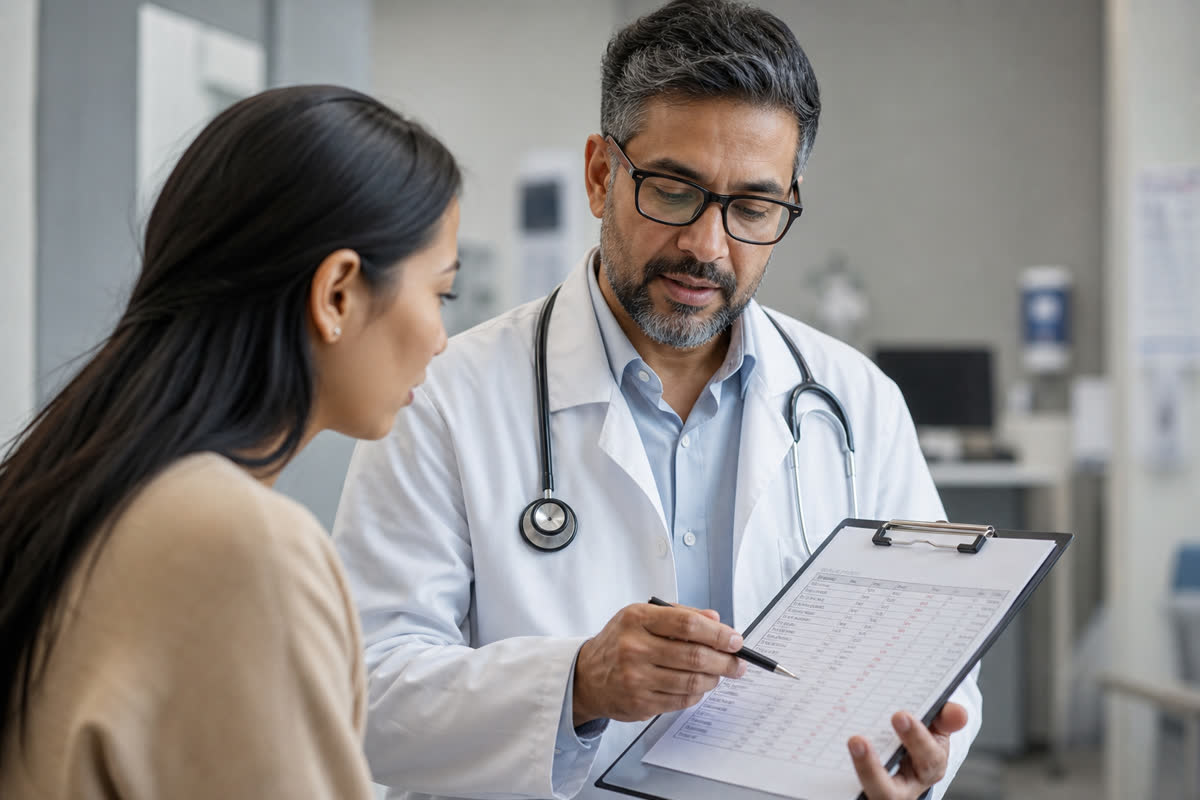 Doctor reviewing a liver function blood test report on a clipboard with a patient in a clinic