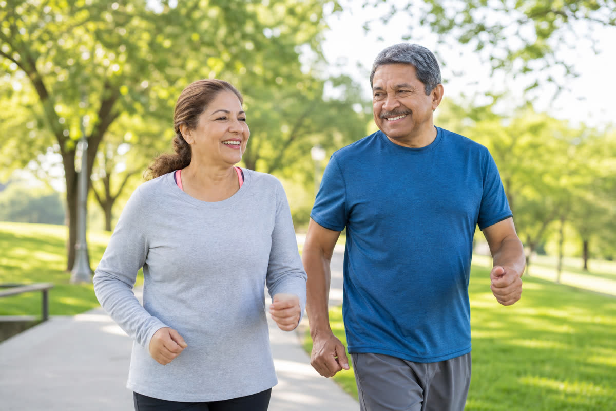 Middle-aged couple brisk walking outdoors in a green park for exercise and liver health