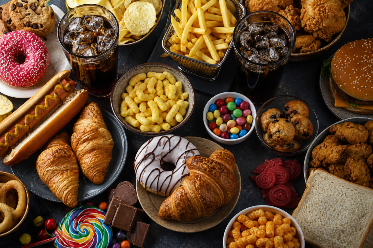 Unhealthy foods and drinks that harm the liver including sugary soda fried fast food pastries and processed snacks on a dark table