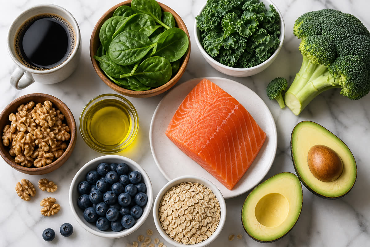 Liver-friendly foods including leafy greens broccoli salmon walnuts olive oil blueberries oats and coffee on a marble surface