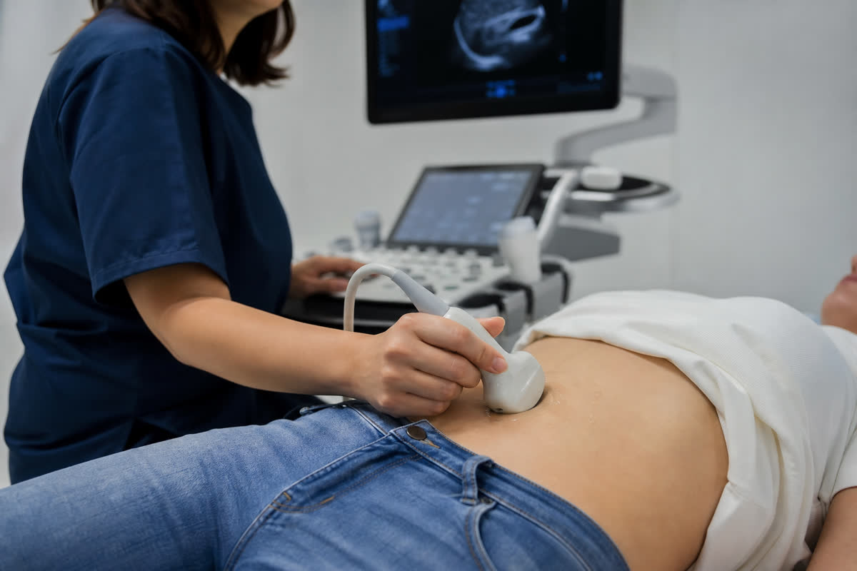 Sonographer performing an abdominal ultrasound scan on a patient's upper right abdomen in a clinic