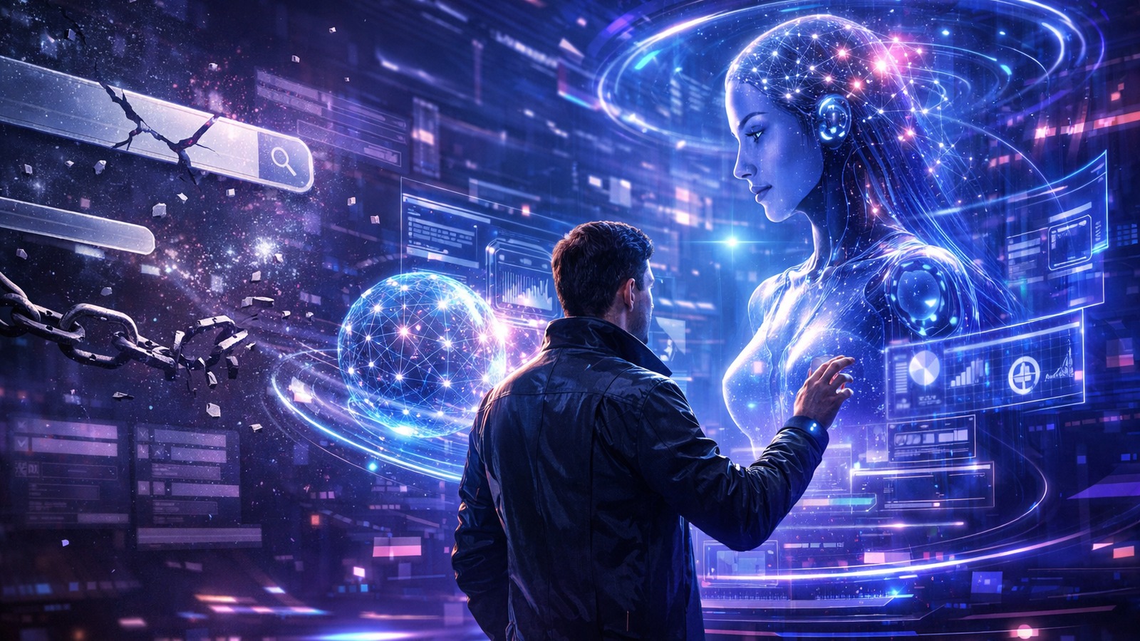Person facing a holographic AI figure with broken search-chain visuals and floating interface panels in a futuristic search environment