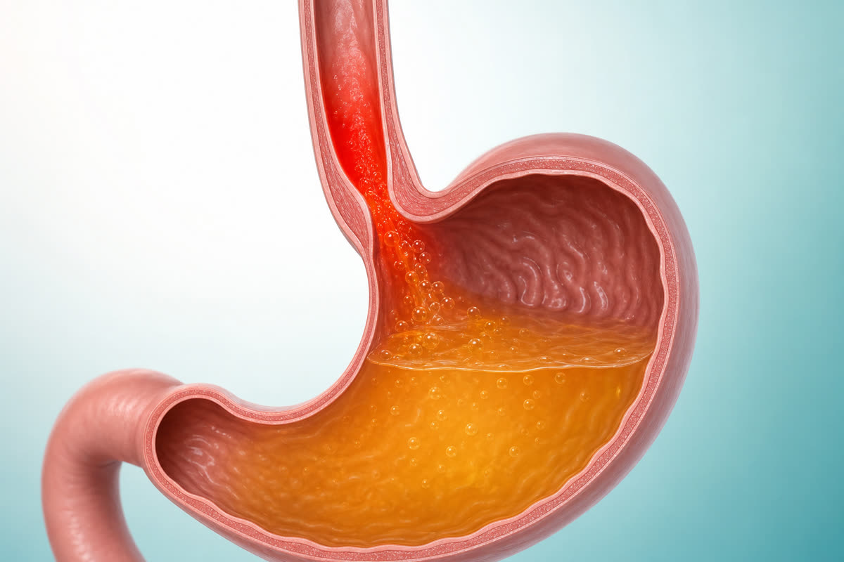 Medical illustration of the esophagus, lower esophageal sphincter, and stomach with acid rising into the esophagus