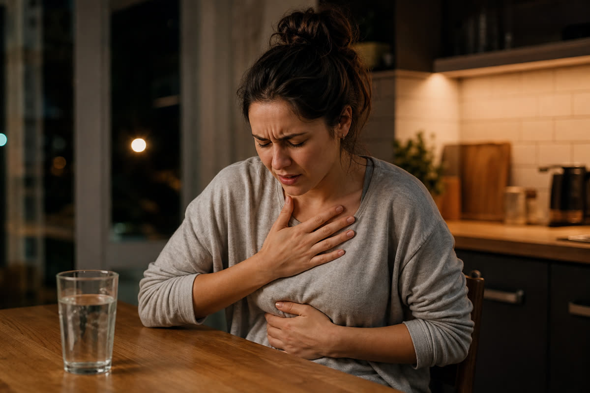 Woman at a kitchen table at night holding her chest and stomach with discomfort from acid reflux