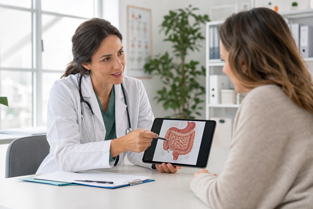 Doctor in a white coat showing a patient a digestive health diagram on a tablet during a consultation