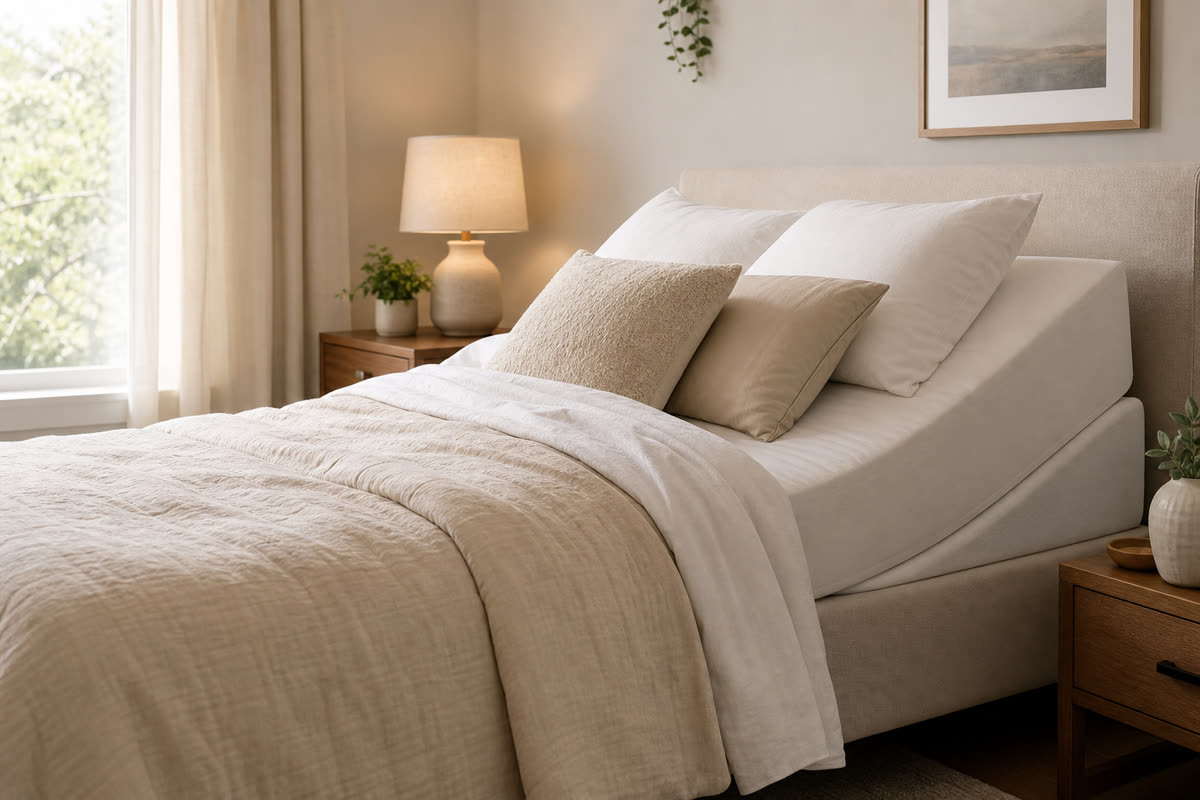 Bedroom with the head of the mattress raised on a wedge pillow to reduce nighttime acid reflux