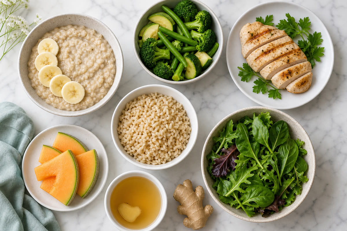 Bright flat lay of GERD-friendly low-acid foods including oatmeal with banana, steamed vegetables, grilled chicken, brown rice, melon, and ginger tea