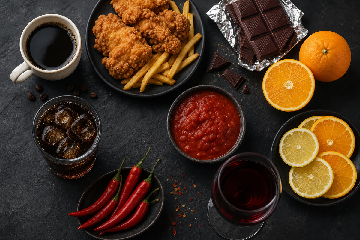 Flat lay of common acid reflux trigger foods including coffee, fried food, chocolate, citrus, tomato sauce, soda, chili peppers, and red wine
