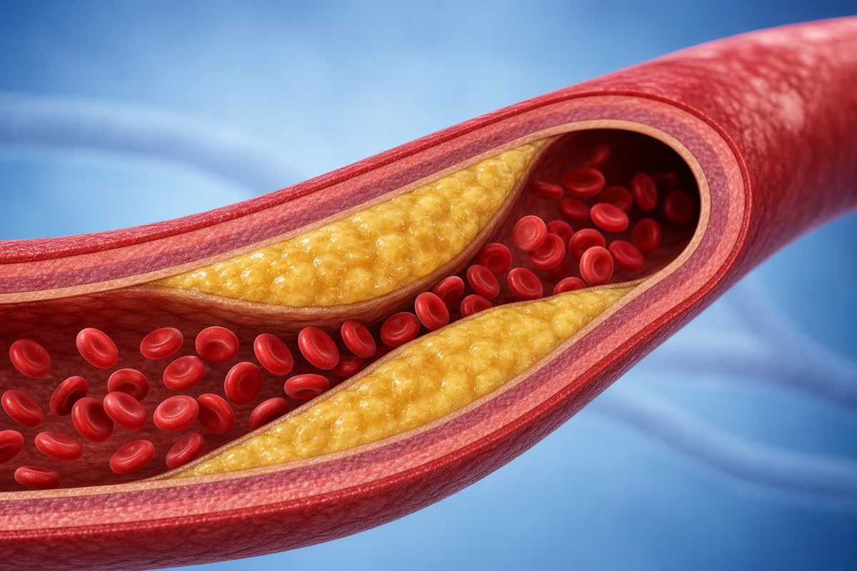 Medical illustration of an artery narrowed by yellow cholesterol plaque reducing blood flow