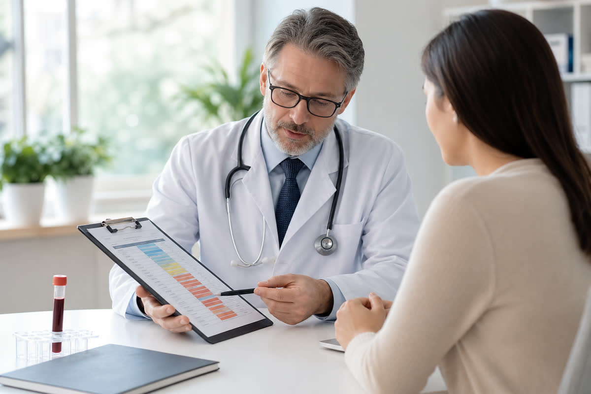 Doctor reviewing a lipid panel cholesterol blood test report with a patient in a clinic