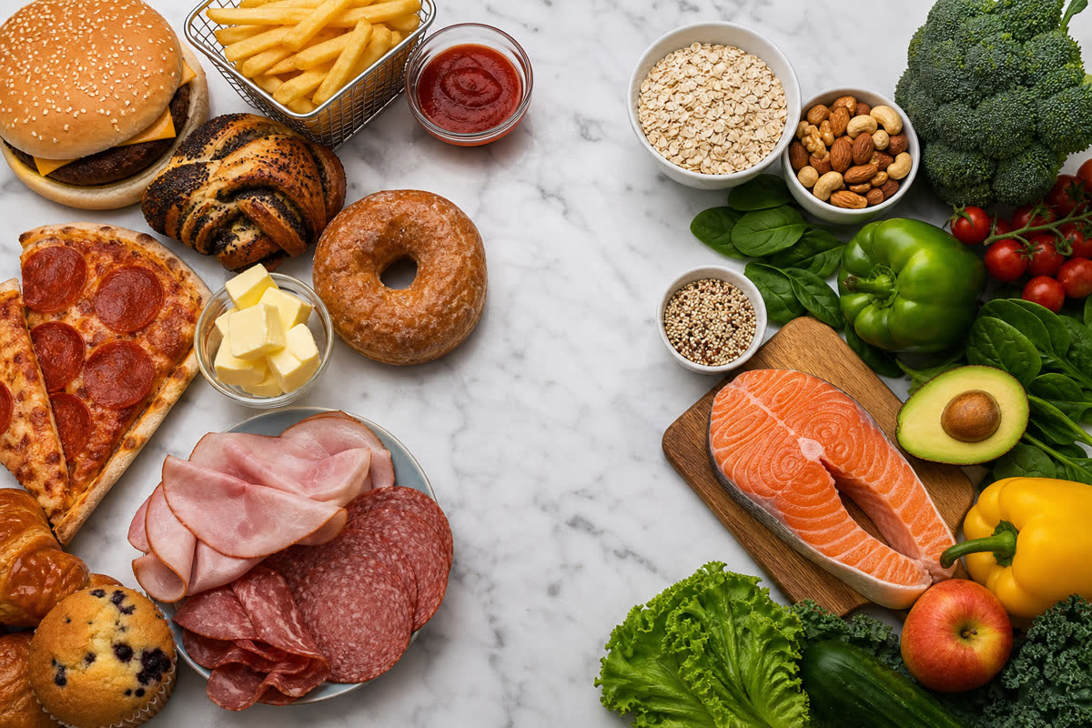 Split image contrasting fried processed foods and pastries with fresh vegetables oats nuts and fish