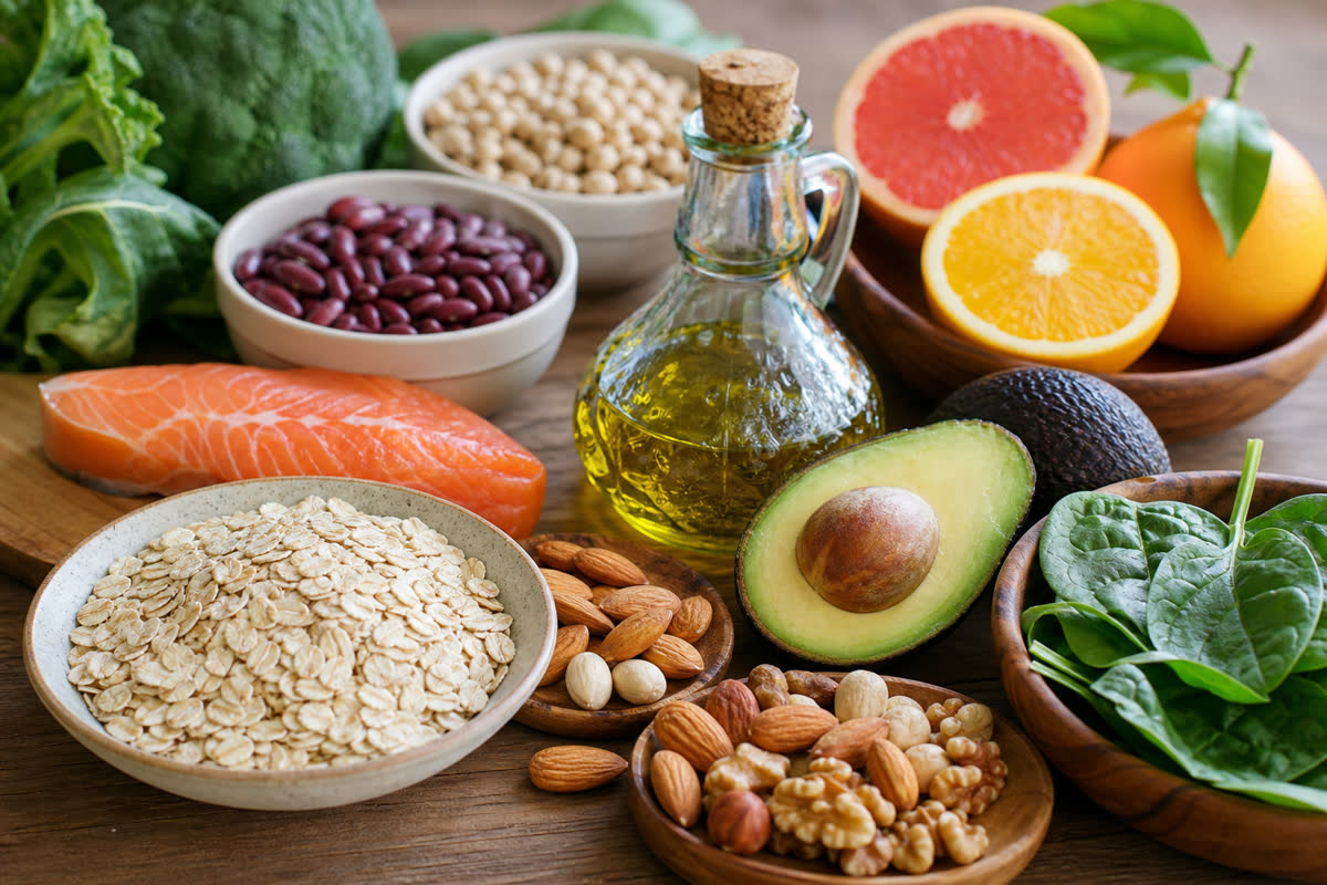 Heart-healthy cholesterol-lowering foods including oats salmon avocado nuts olive oil beans and leafy greens on a wooden table