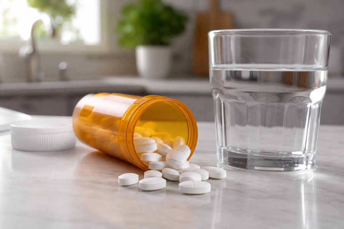 White statin cholesterol medication tablets spilling from an amber prescription bottle beside a glass of water