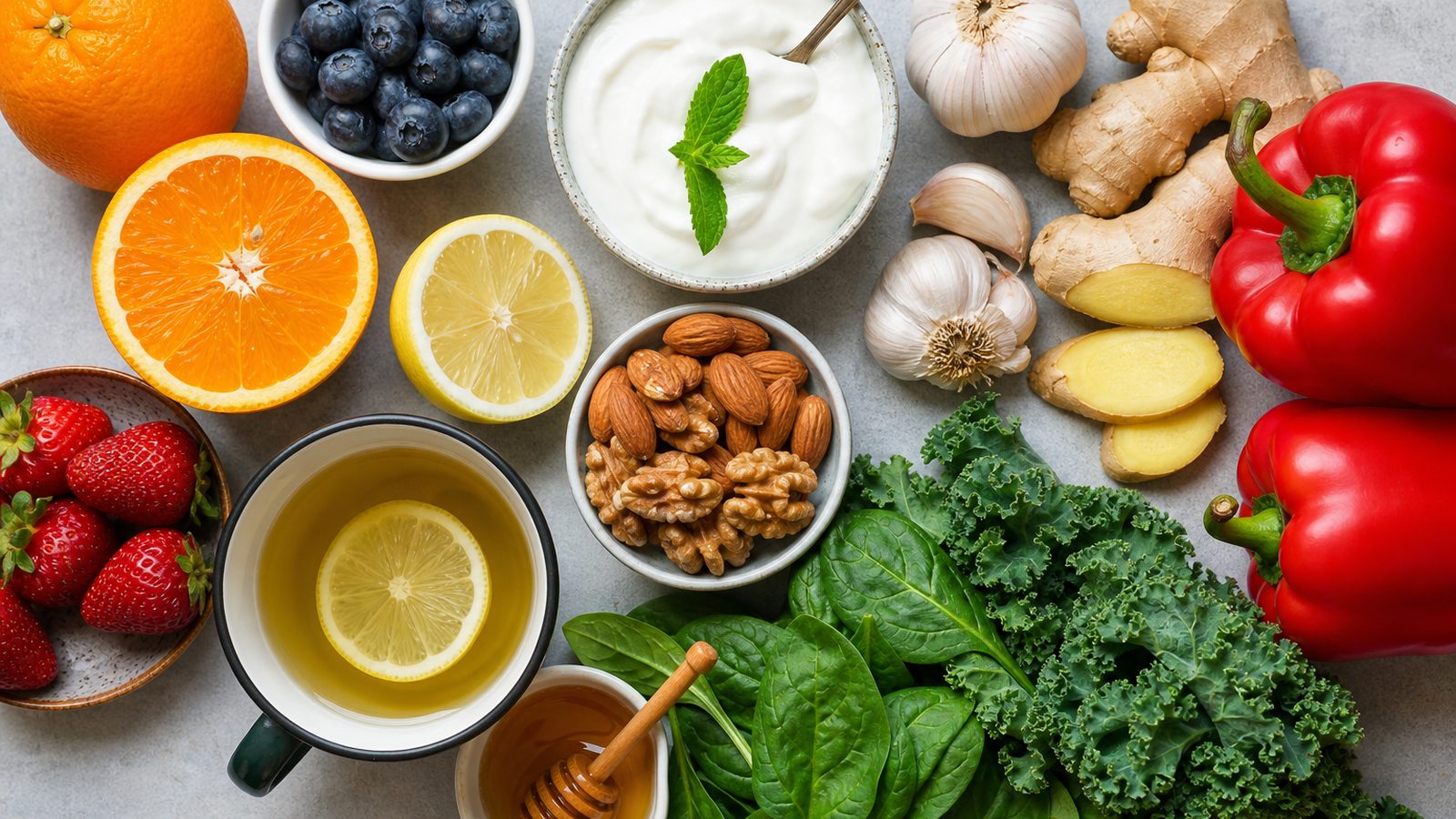 Overhead flat lay of natural immune-boosting foods including oranges, berries, garlic, ginger, red peppers, leafy greens, nuts, yogurt and green tea