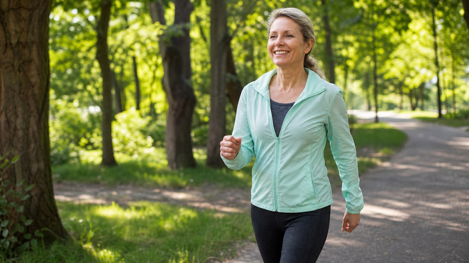 Healthy person walking briskly on a green park path in the morning wearing casual athletic clothes