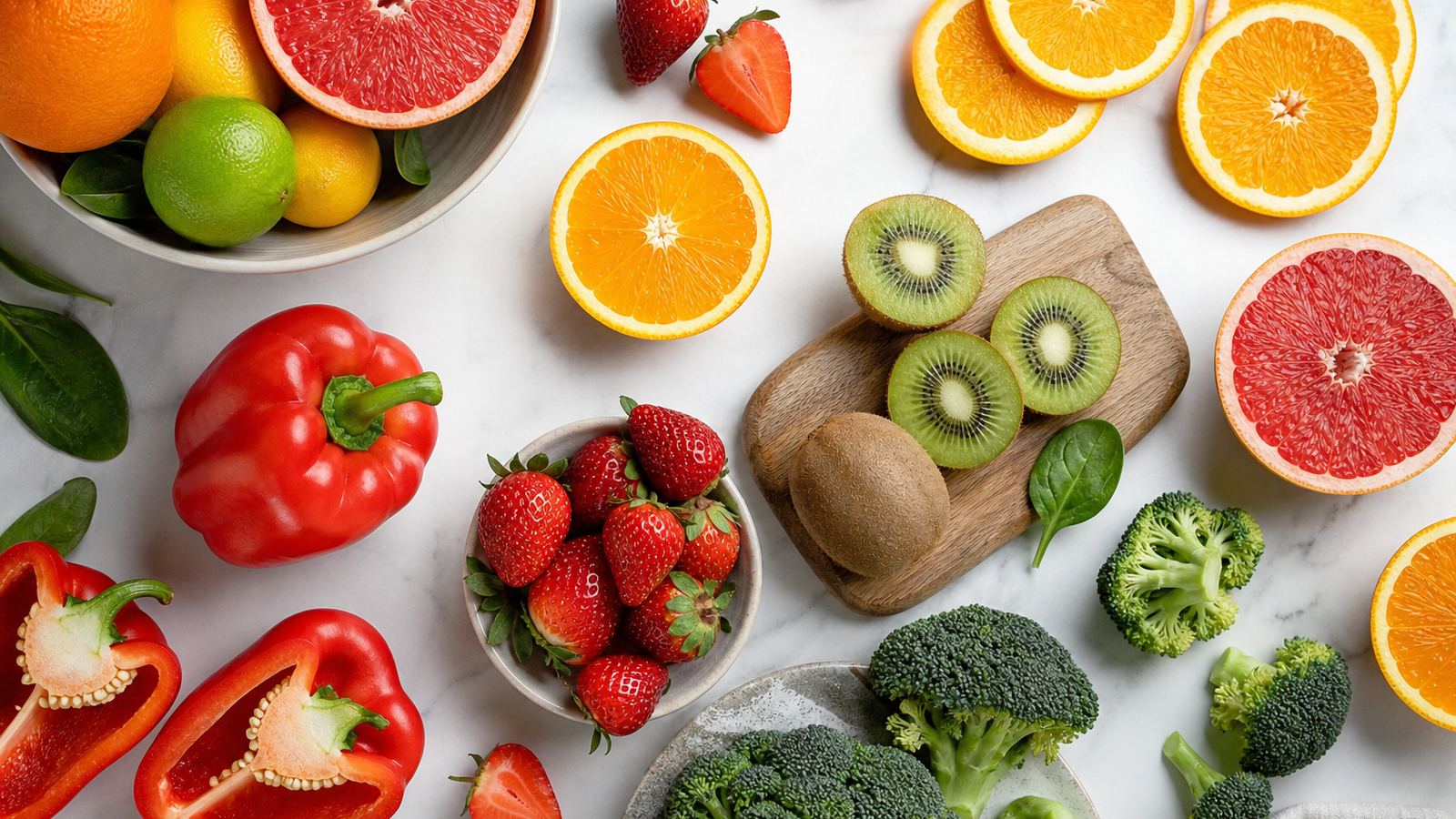 Flat lay of vitamin C rich foods including oranges, grapefruit, kiwi, strawberries, red bell peppers and broccoli on a marble surface