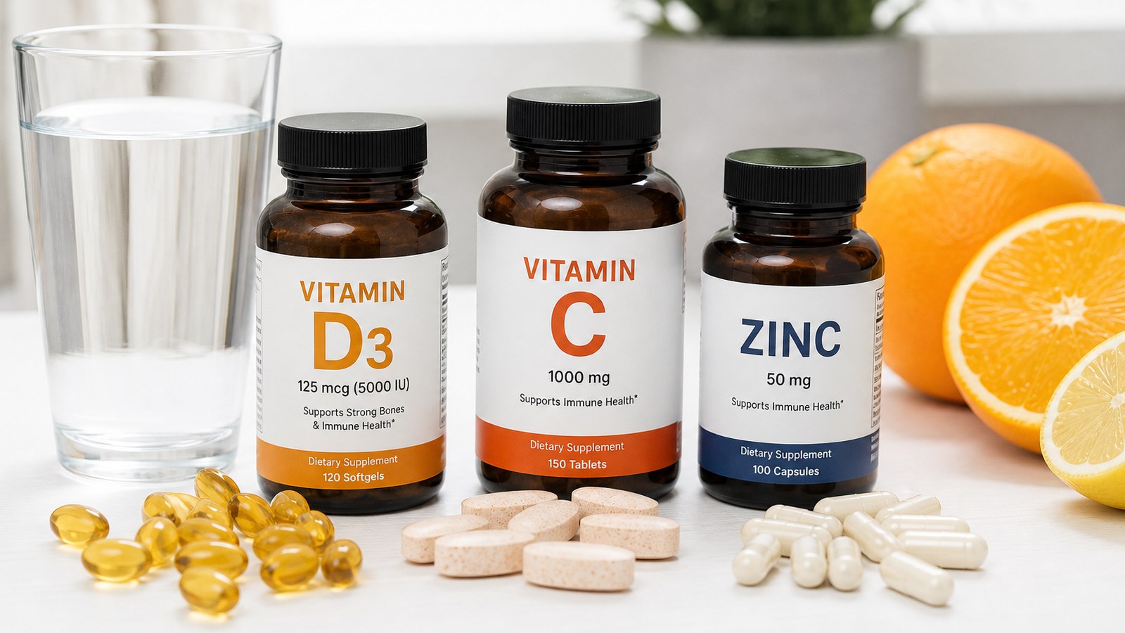 Assorted health supplements on a clean white surface including vitamin D softgels, vitamin C tablets and zinc capsules with a glass of water and citrus fruits