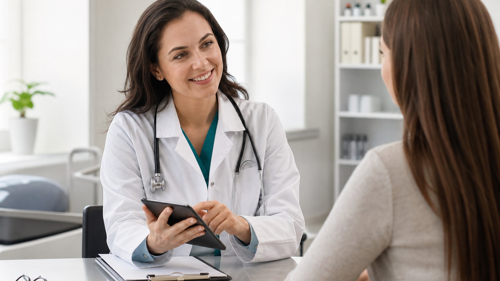 Friendly female doctor in a white coat talking warmly with a patient in a bright modern clinic