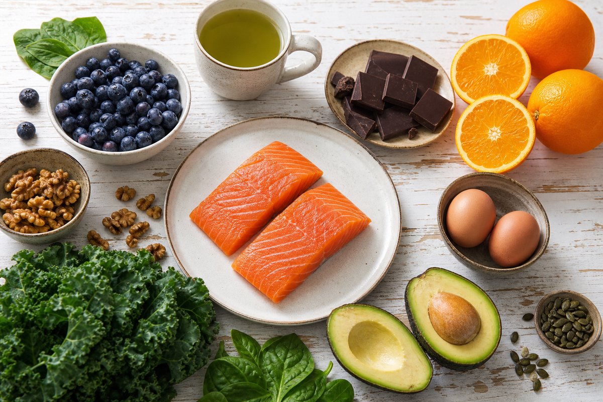Flat lay of cortisol-friendly whole foods including salmon avocado leafy greens berries nuts eggs and green tea