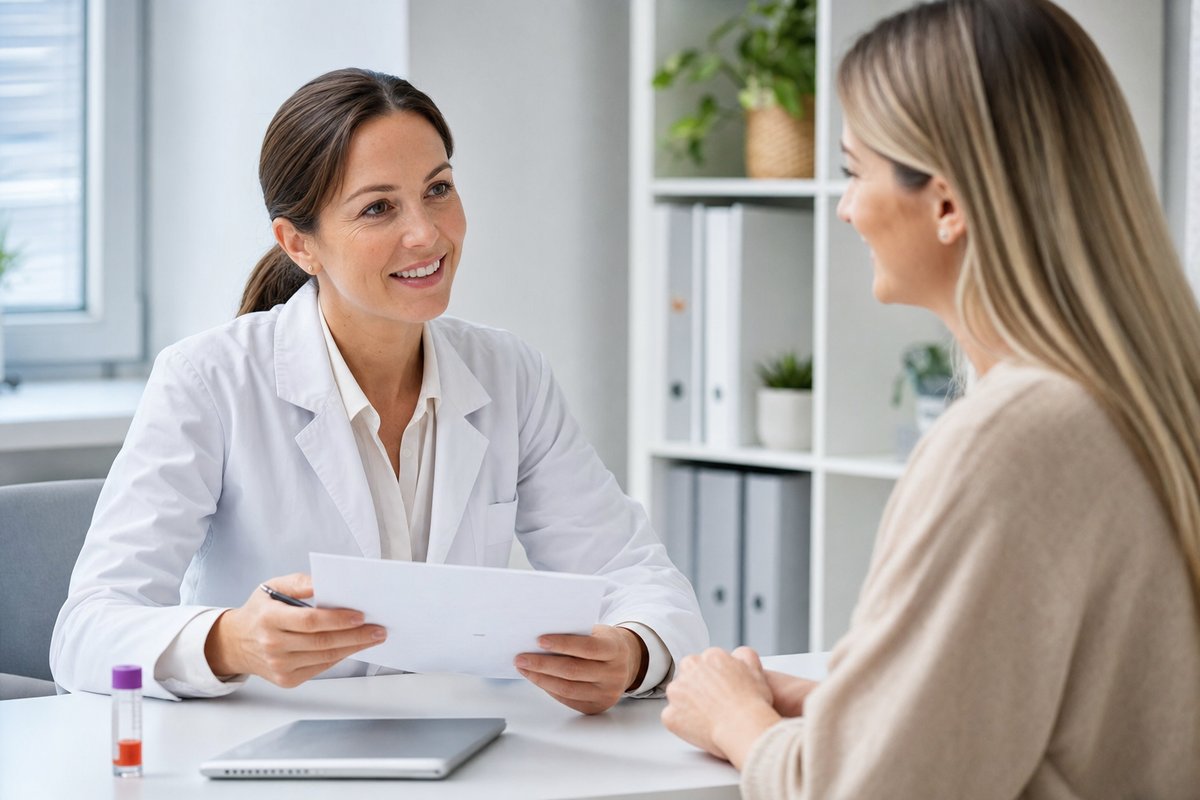Doctor in a white coat reviewing a cortisol lab report with a female patient in a bright clinic with a test sample on the desk
